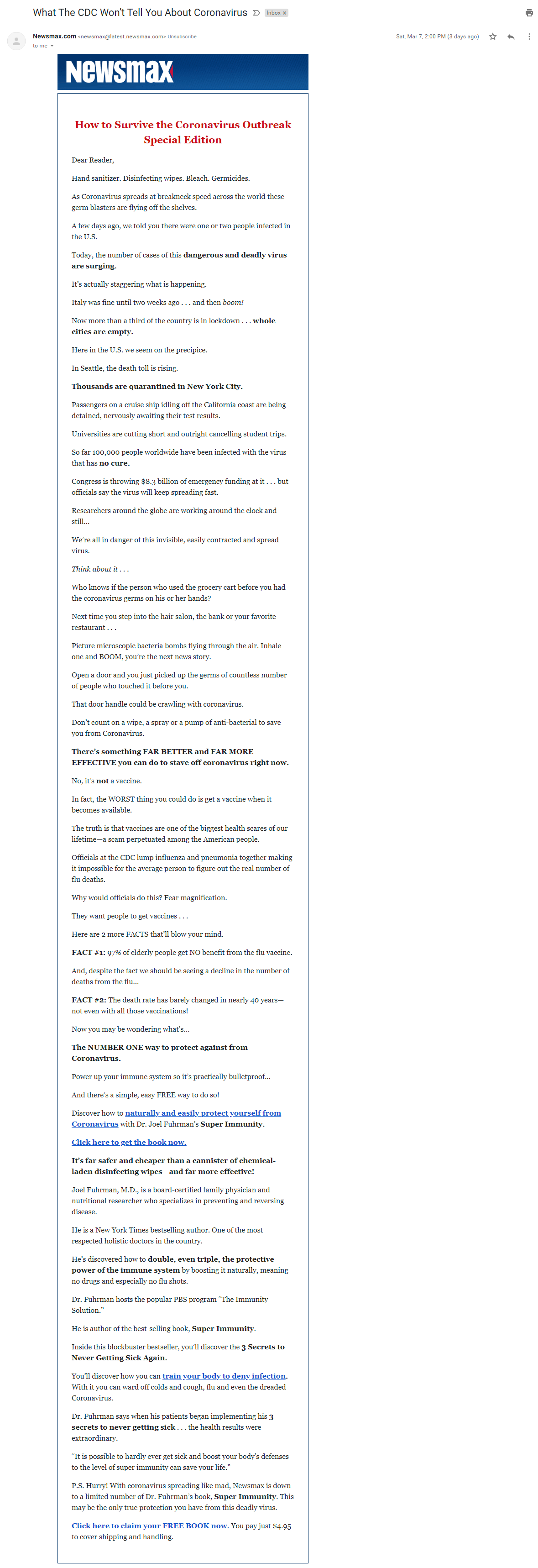 Newsmax CDC email on March 7