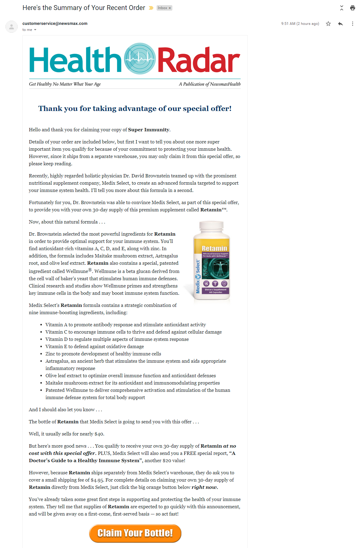 Newsmax CDC special offer on dietary supplement email on March 10