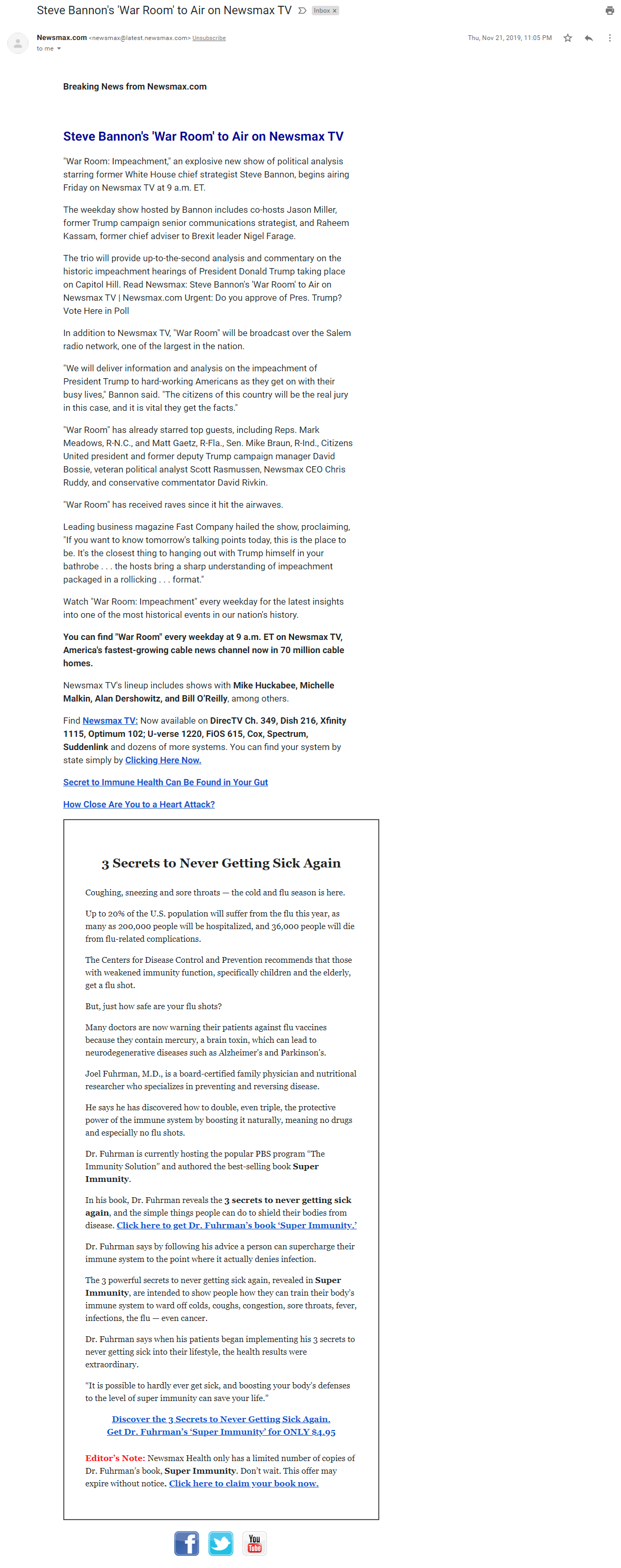Newsmax email about cold and flu season in November 2019