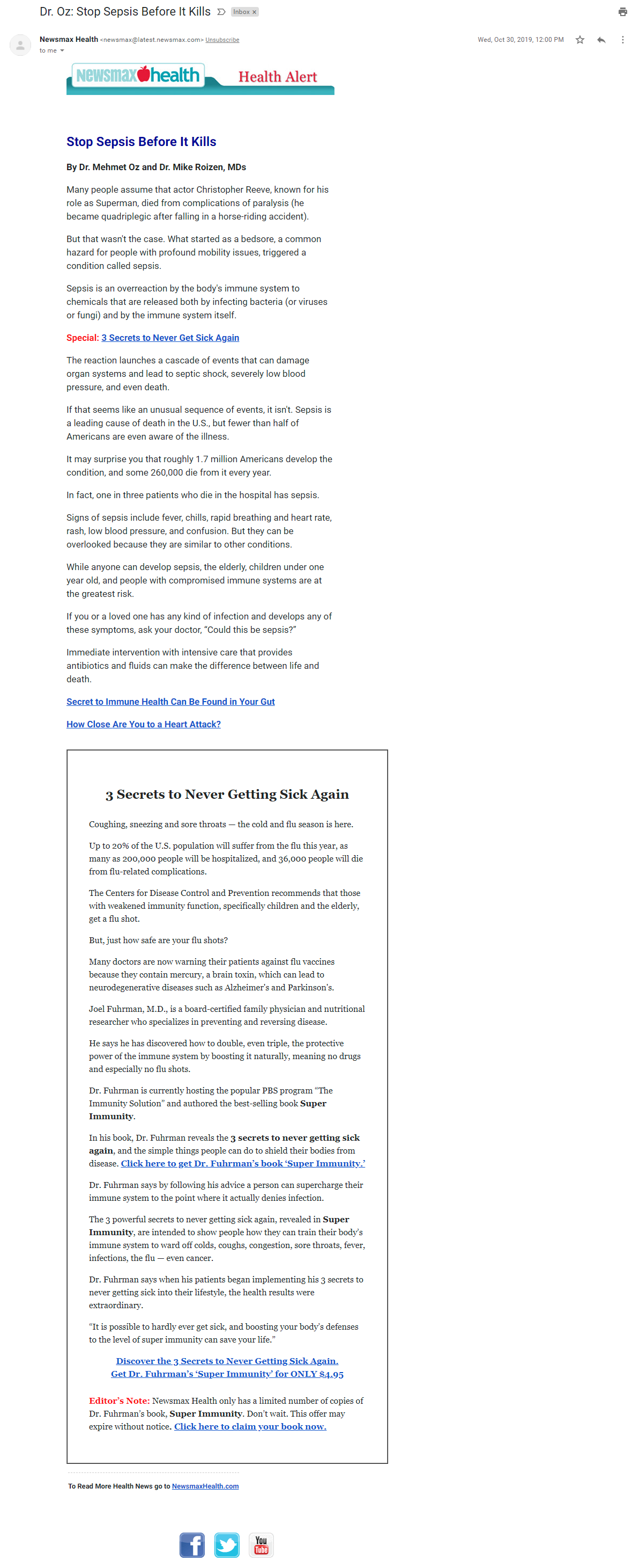 Newsmax email about cold and flu season in October 2019