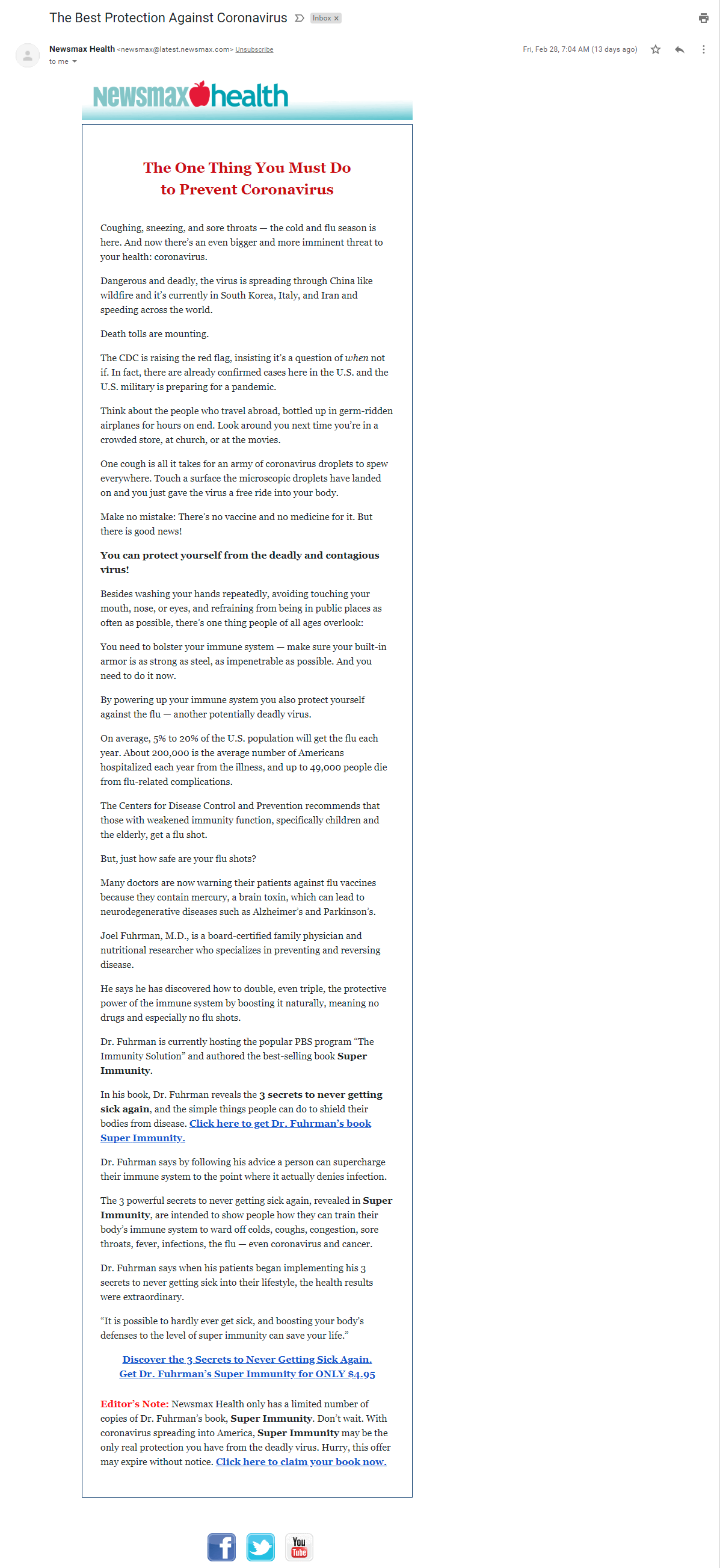 Newsmax “The Best Protection Against Coronavirus” email February 28