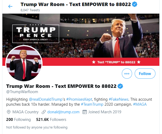 Trump War Room Twitter page on March 13, 2020 showing 521.6k followers