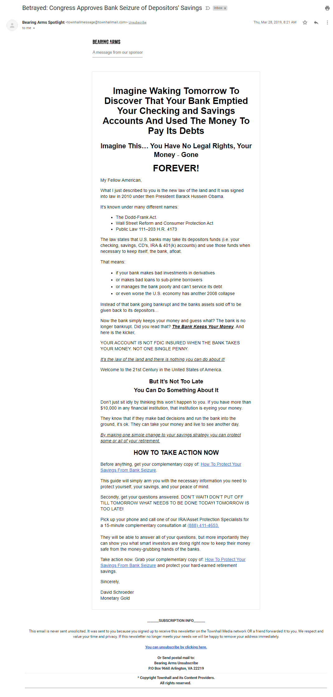 Bearing Arms / Monetary Gold email 2019