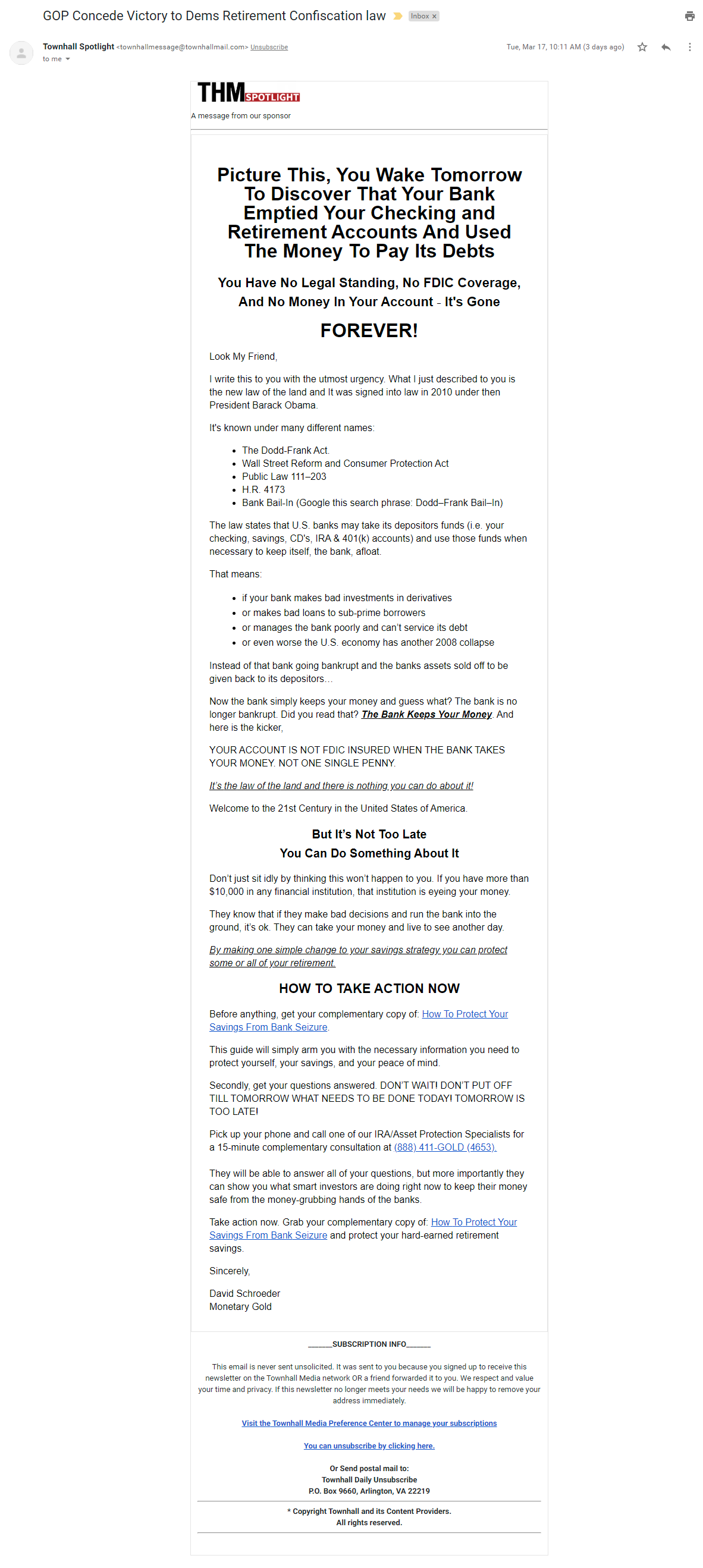 Townhall / Monetary Gold email