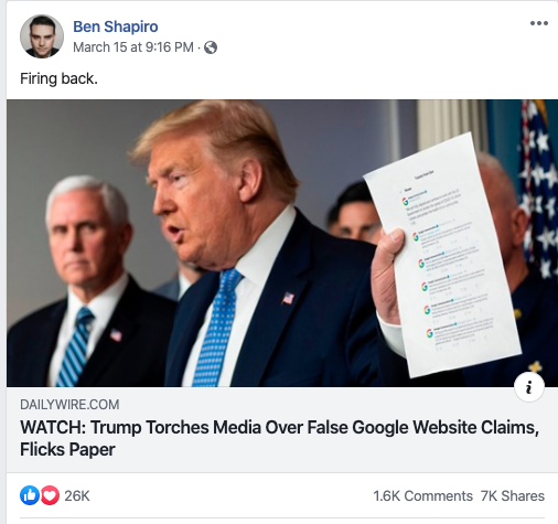 Image of Ben Shapiro's Facebook post on March 15, 2020