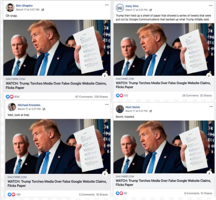 Image of Facebook posts from multiple pages linking to the same article from The Daily Wire