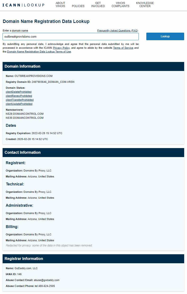 Outbreak Provisions domain name