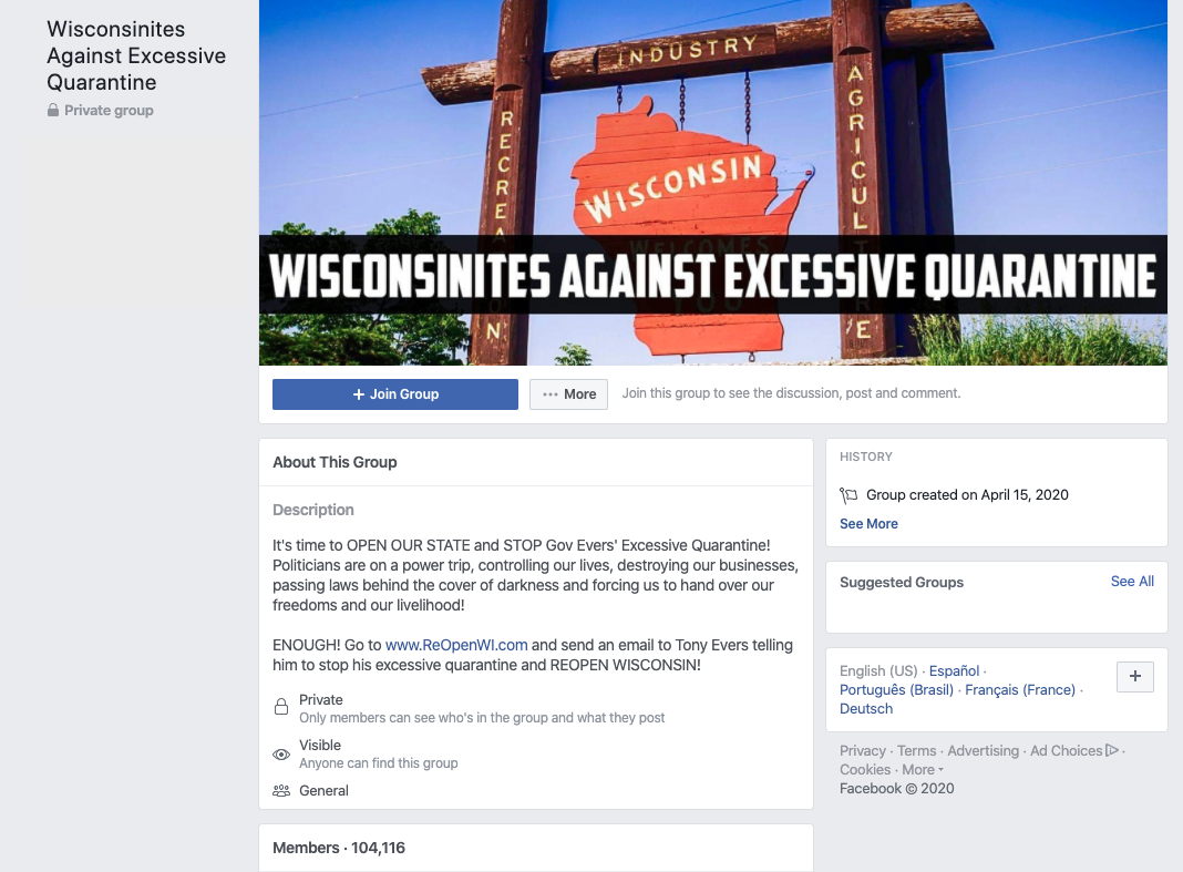 Image of Wisconsinites Against Excessive Quarantine Facebook group