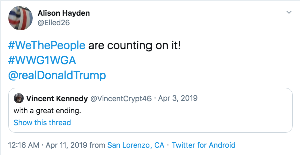 Alison Hayden personal Twitter account QAnon