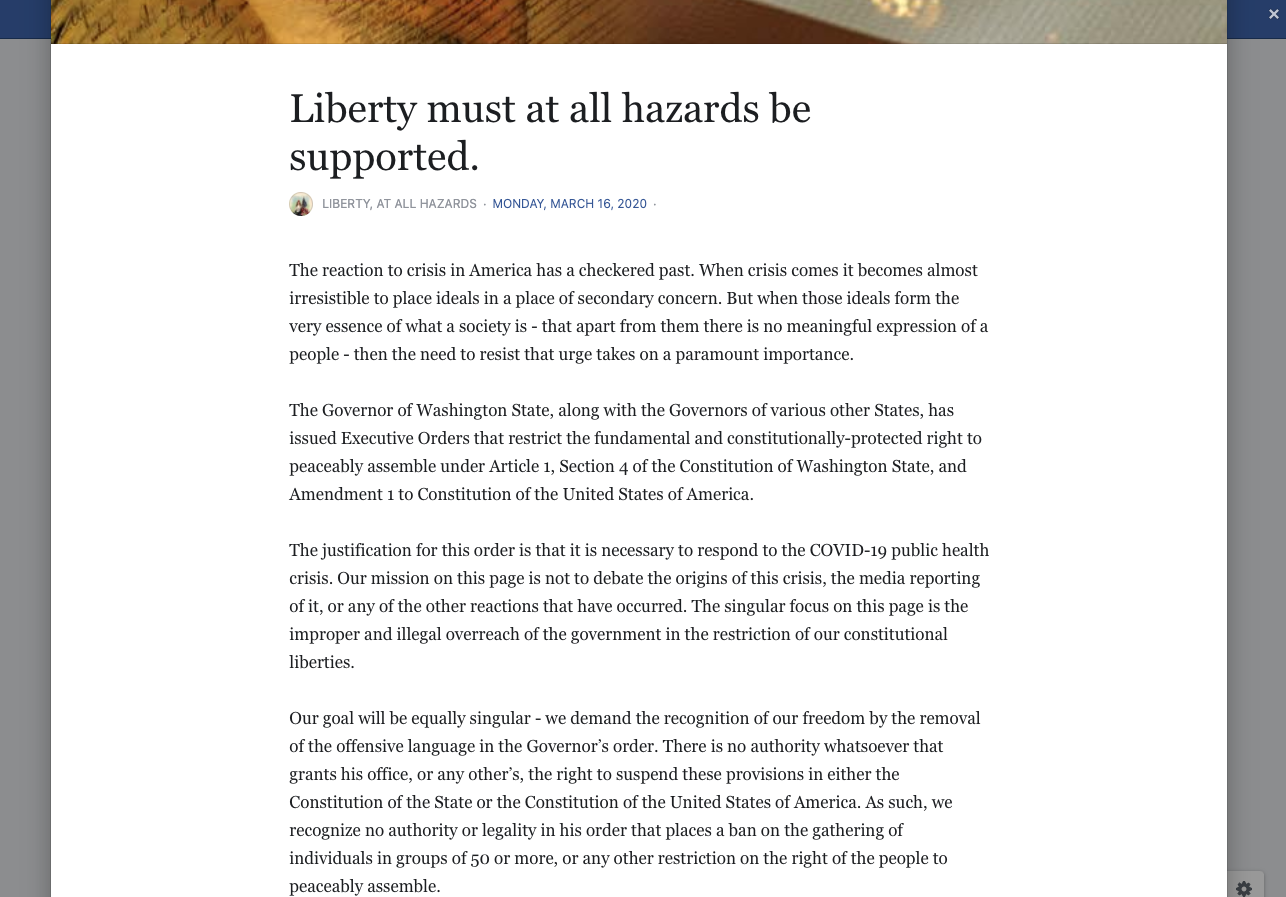 Image of the story section from Liberty, At All Hazards Facebook page