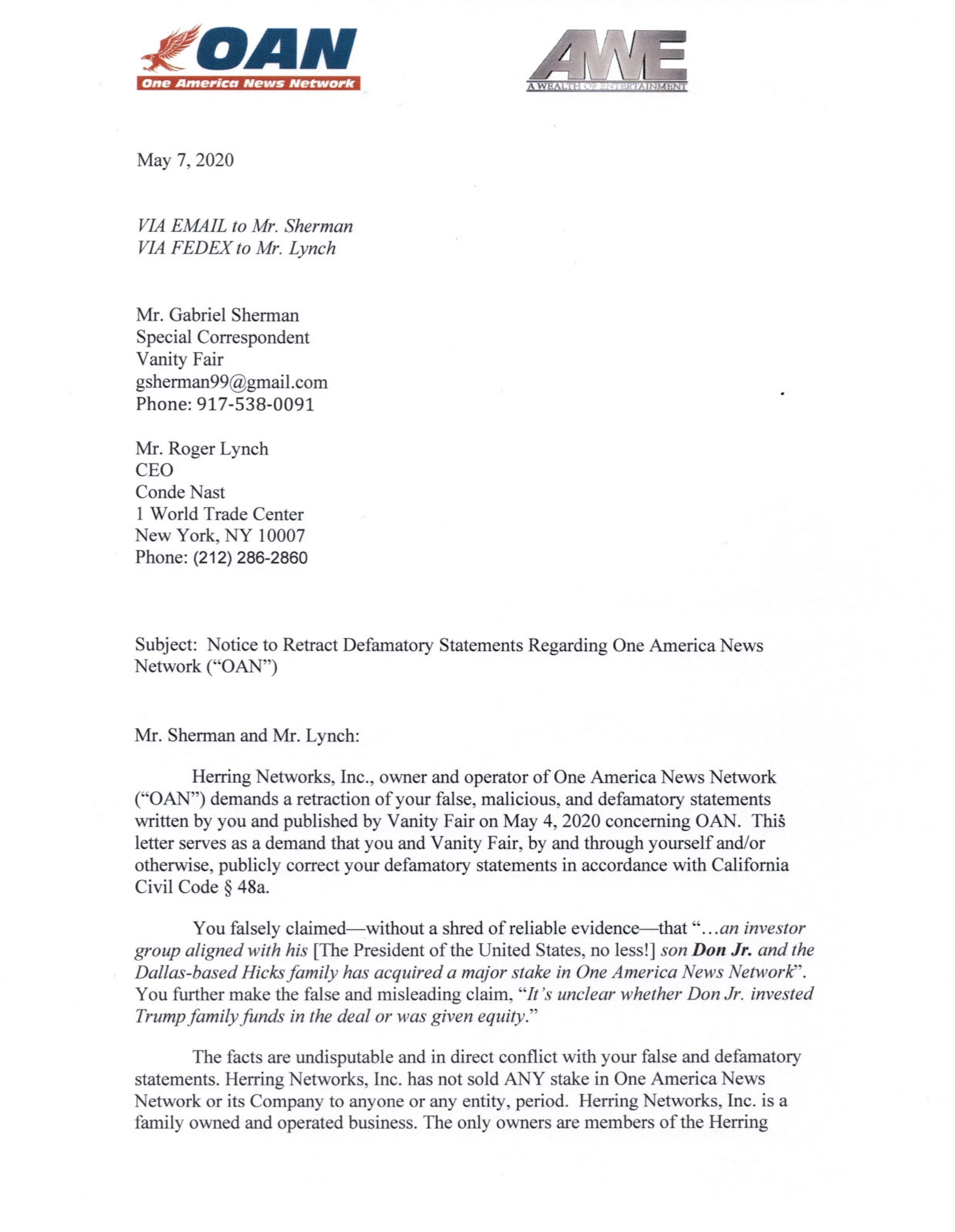 OAN letter re Sherman