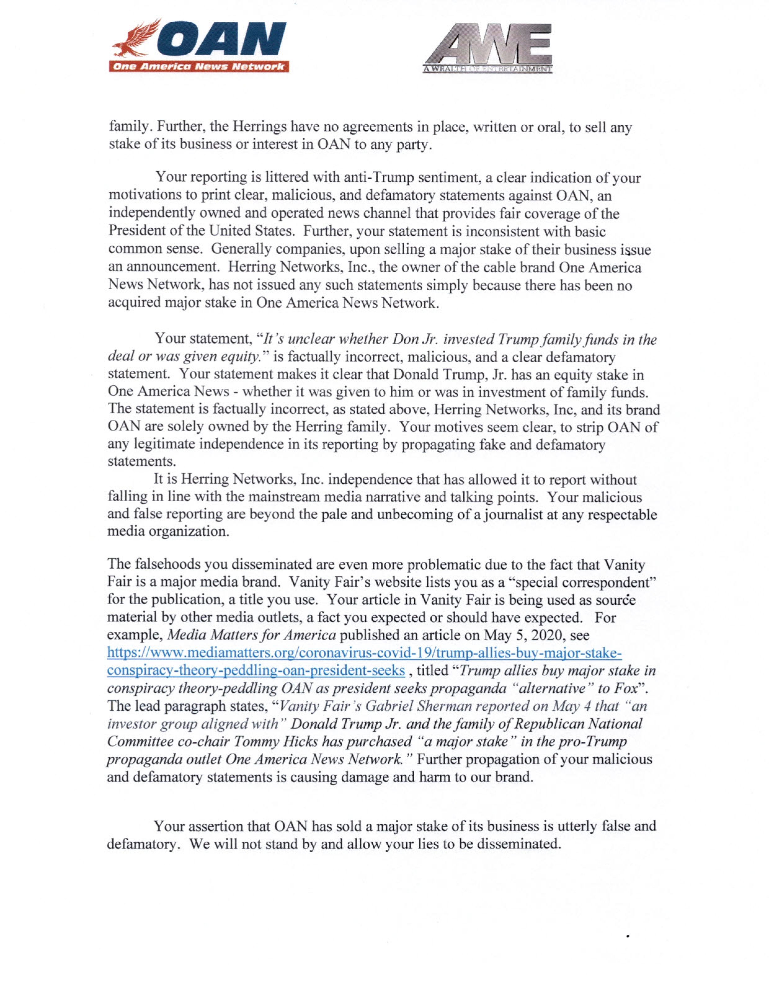 OAN letter re Sherman 2