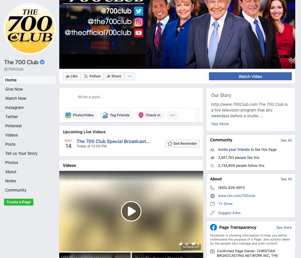 Image of The 700 Club's Facebook page