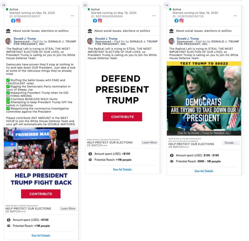 Image of 3 facebook ads from Donald Trump