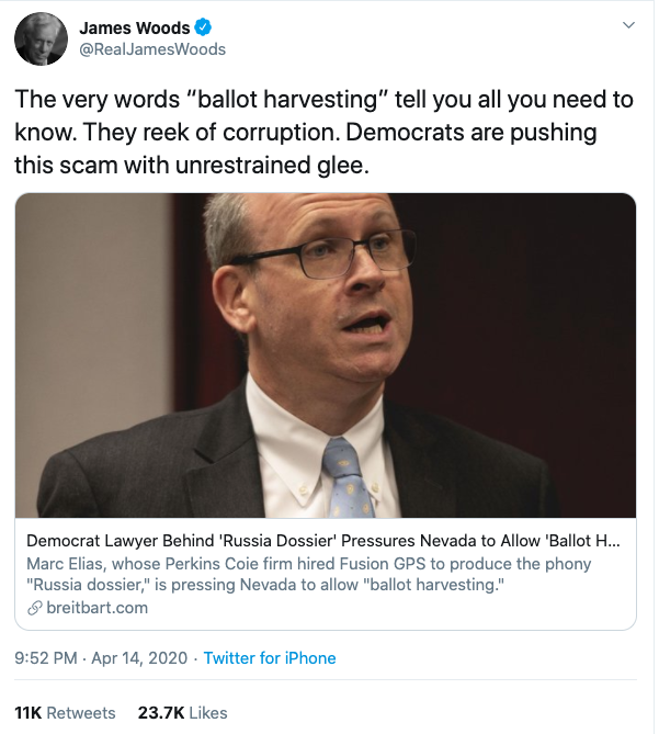 Image of James Woods' tweet about ballot harvesting