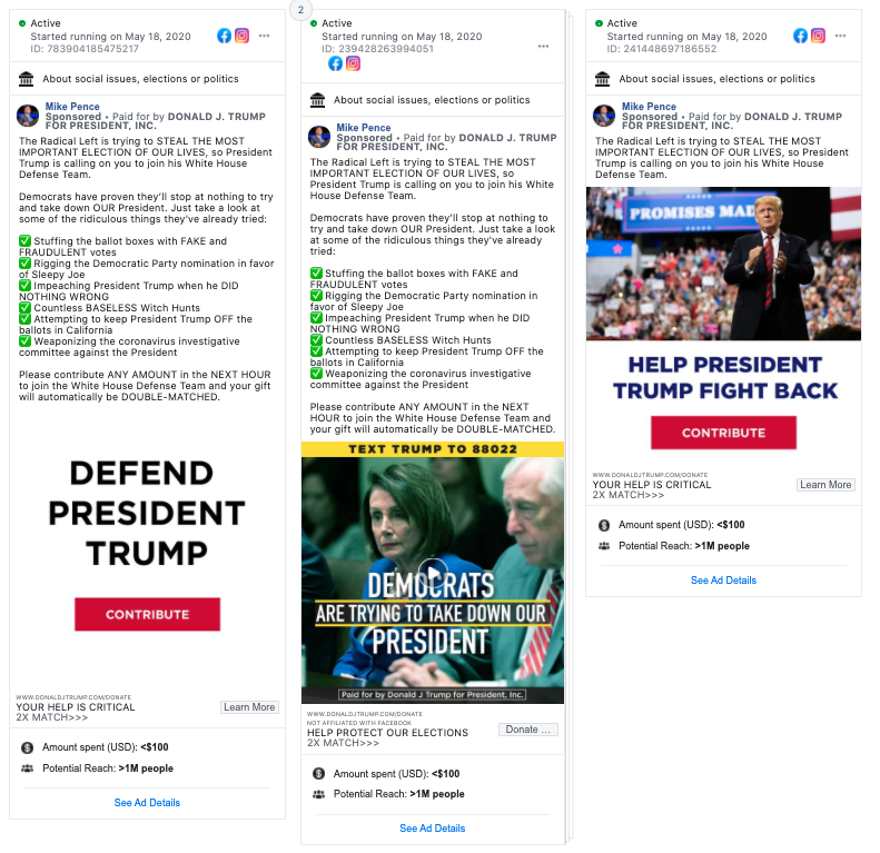 Image of 3 facebook ads from Mike Pence