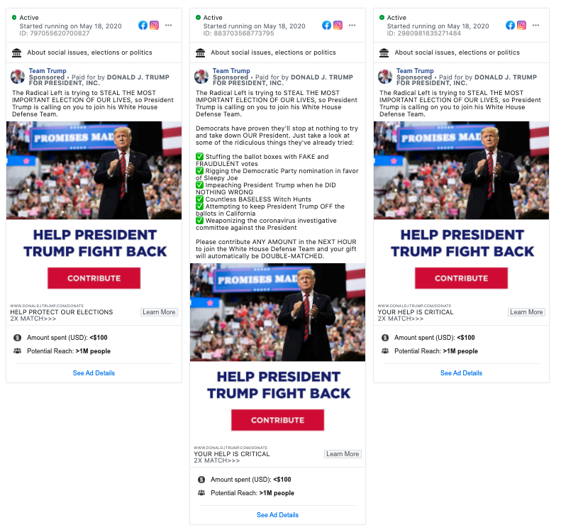 Image of three ads on facebook from Team Trump