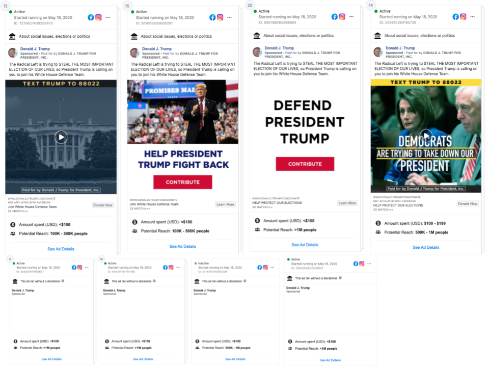Image of facebook ads from Donald Trump