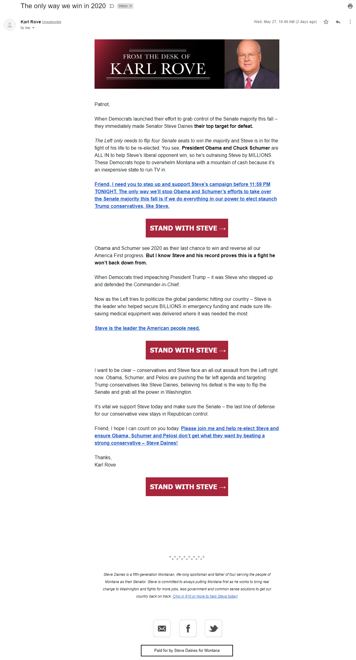 Karl Rove's email for Steve Daines