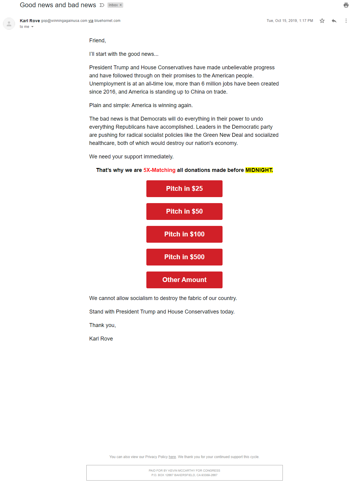 Karl Rove's email for Kevin McCarthy