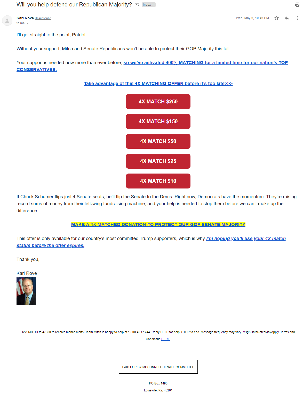 Karl Rove's email for Mitch McConnell