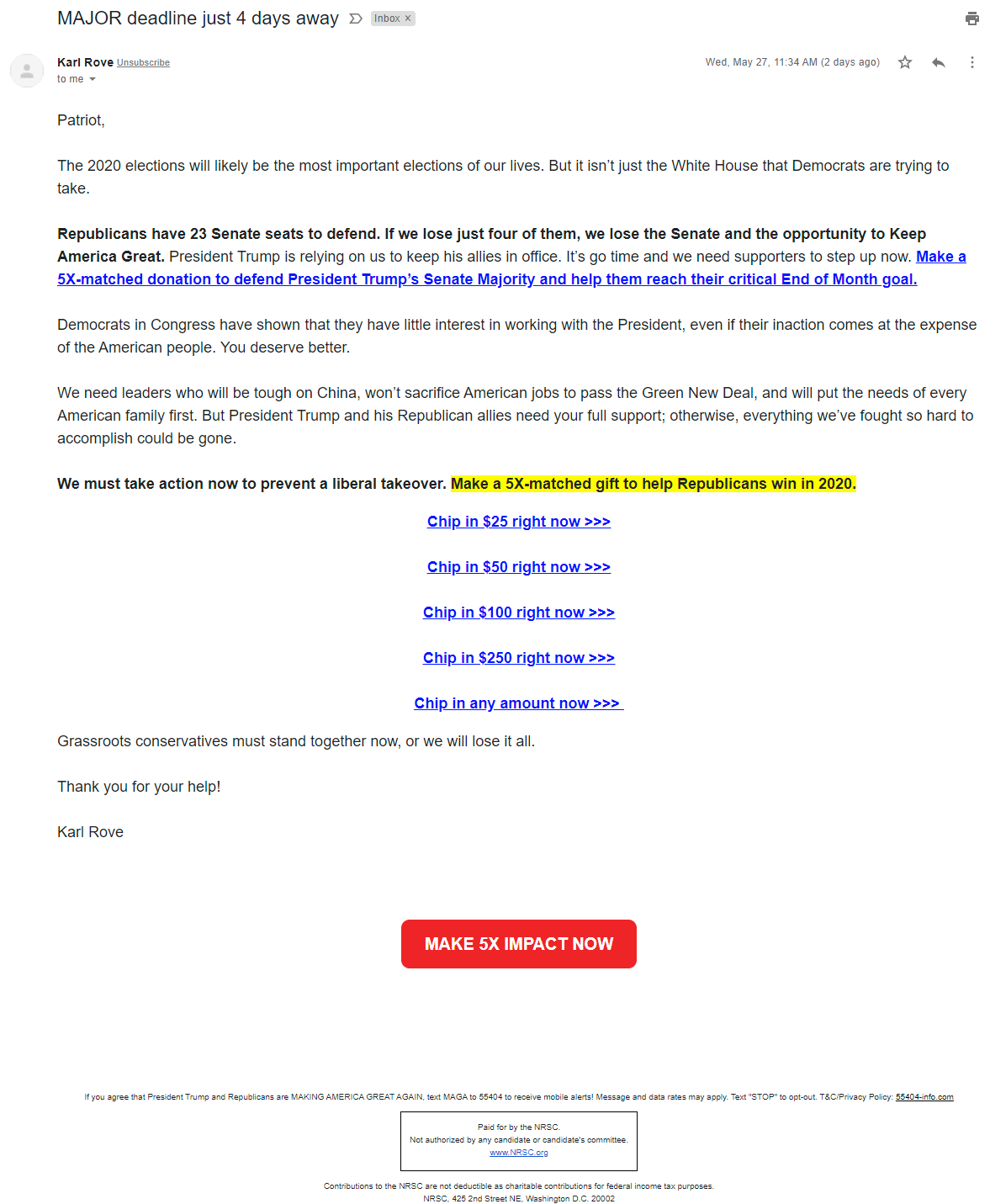 Karl Rove's email for the National Republican Senatorial Committee