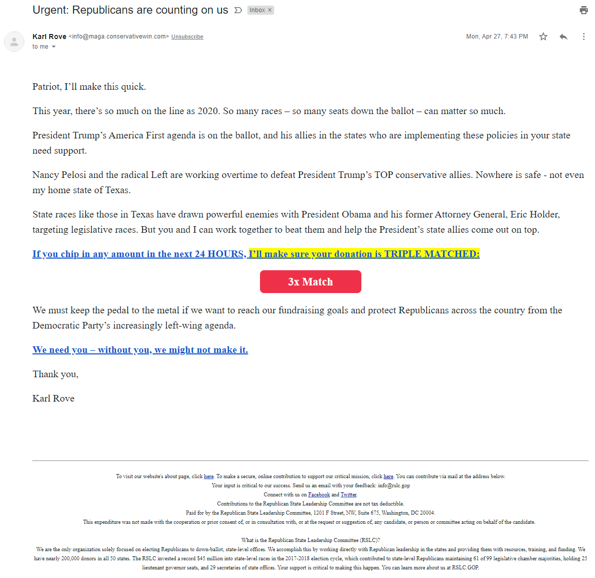 Karl Rove's email for the Republican State Leadership Committee