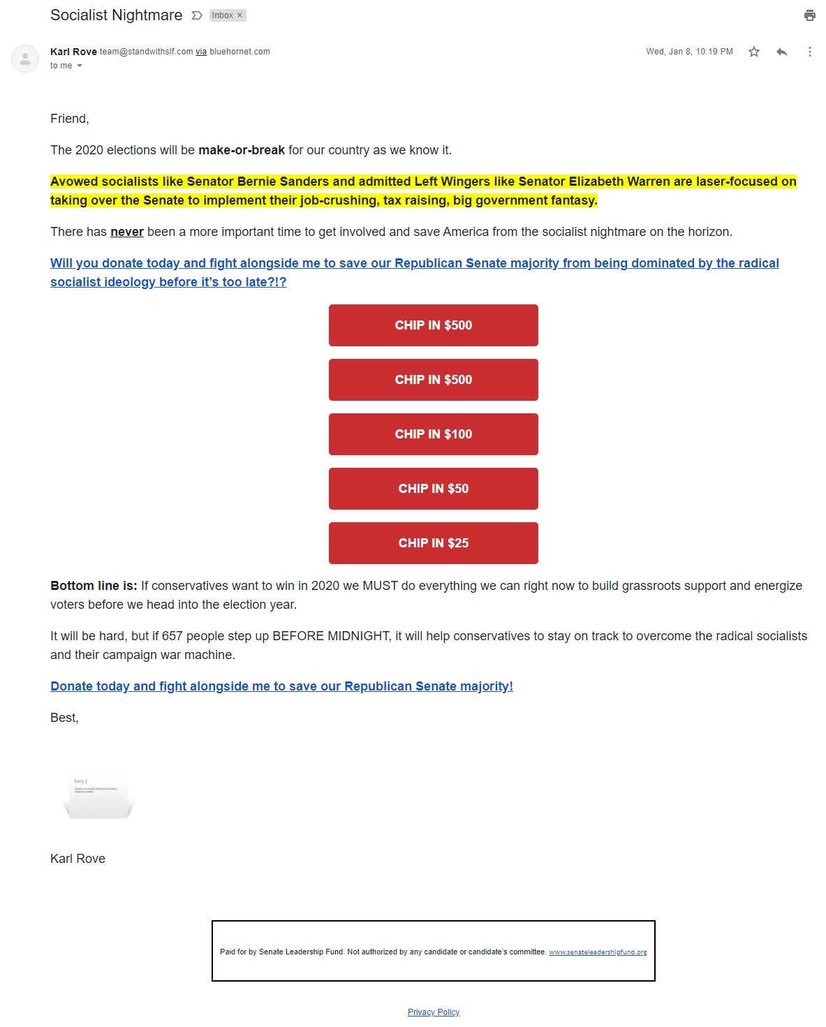 Karl Rove's email for the Senate Leadership Fund
