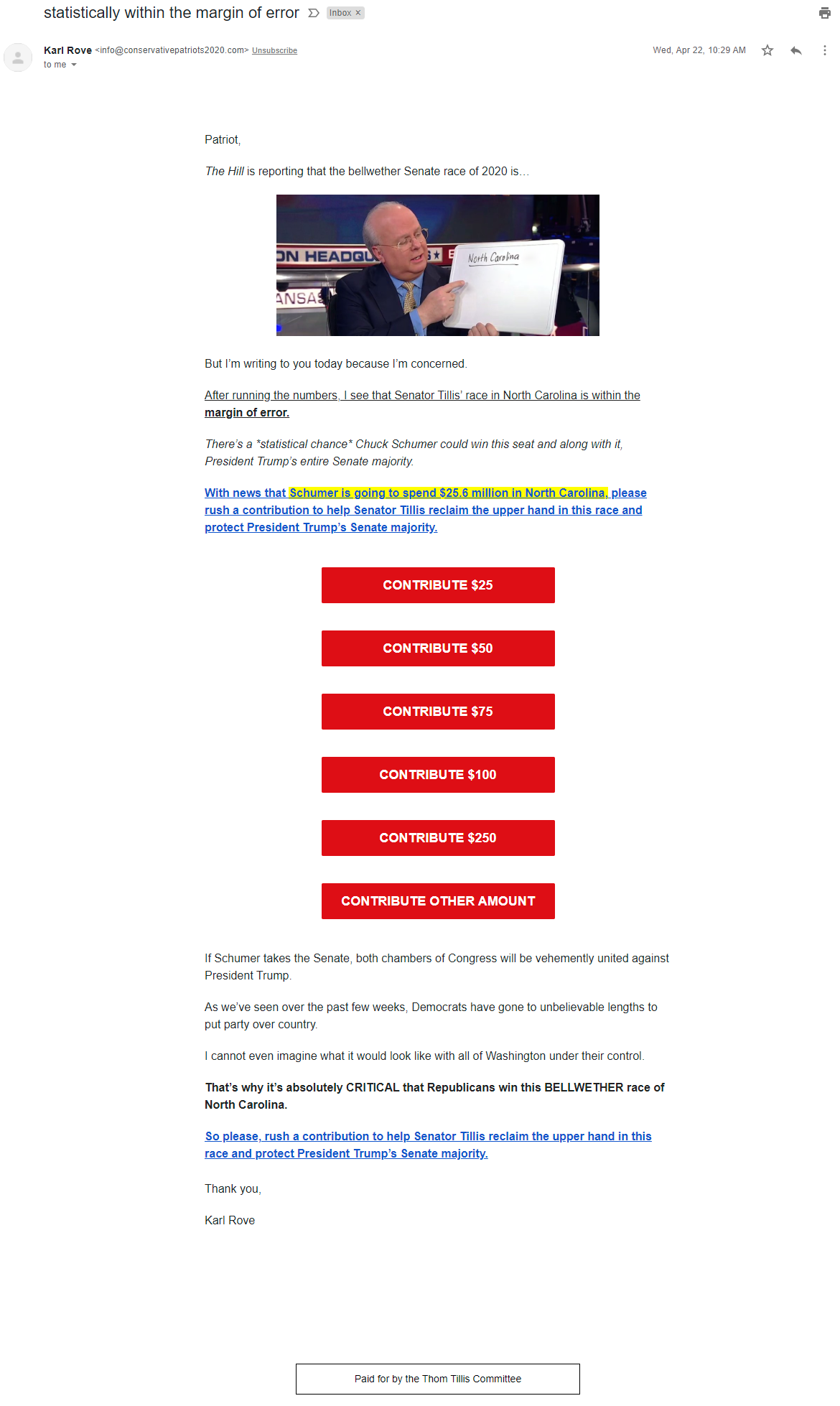 Karl Rove's email for Tom Tillis