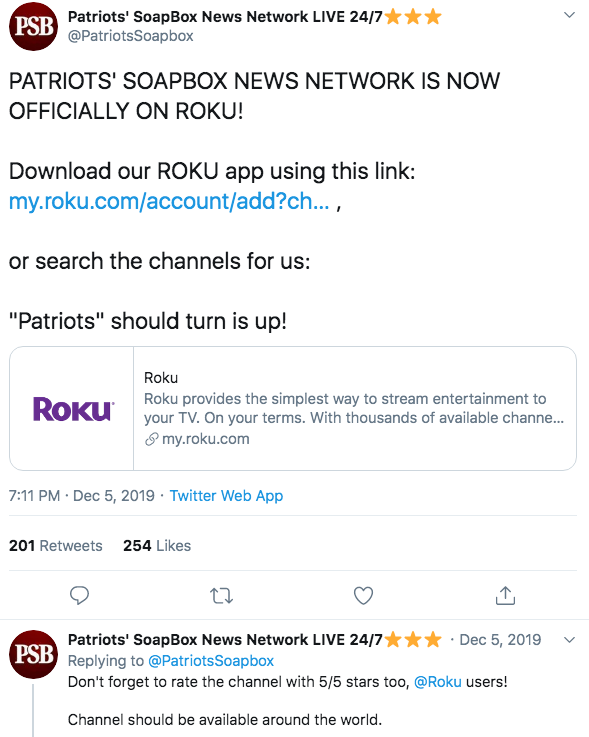Patriots' Soapbox Roku announcement