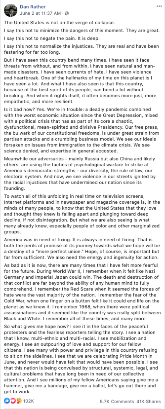 Dan Rather's Facebook post on June 2, 2020