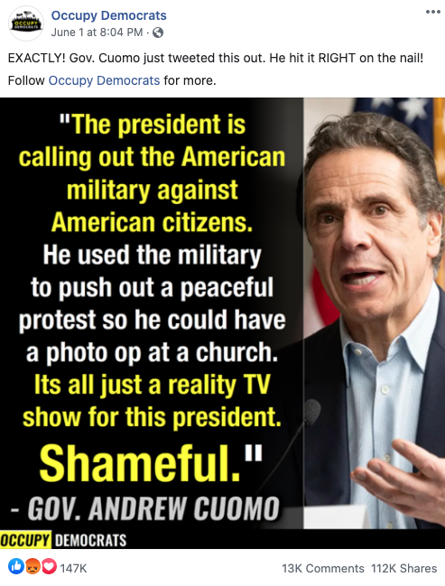 Occupy Democrats' Facebook post on June 1, 2020