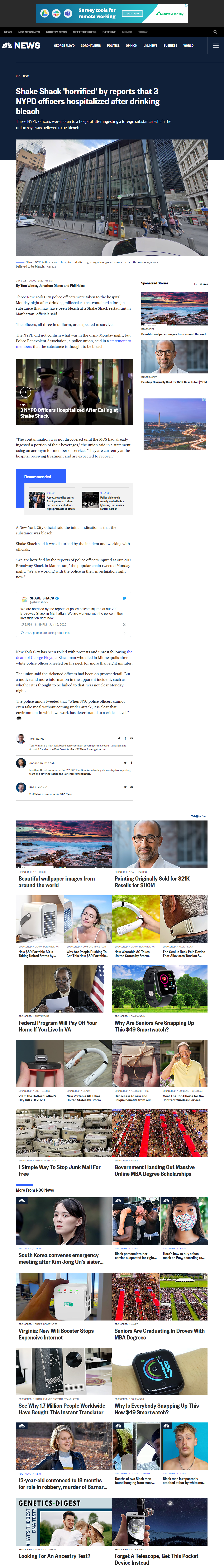 Screenshot of NBC's original story on police falling ill from milkshakes