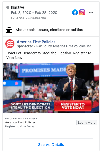 Image of America First Policies' Facebook ad from 20200203