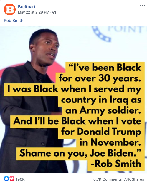 Image of Breitbart's Facebook post from 20200522 praising Trump