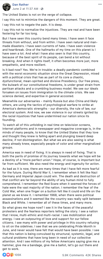 Image of Dan Rather's Facebook post from 20200602