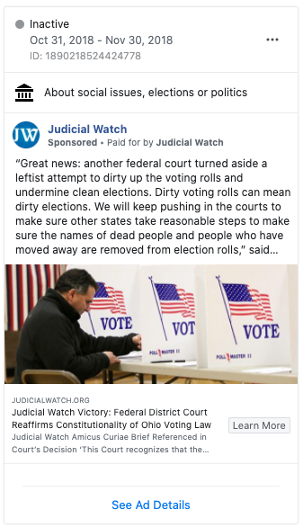 Image of Judicial Watch's Facebook ad from 20181031