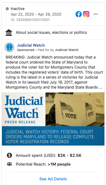 Image of Judicial Watch's Facebook ad from 20200422