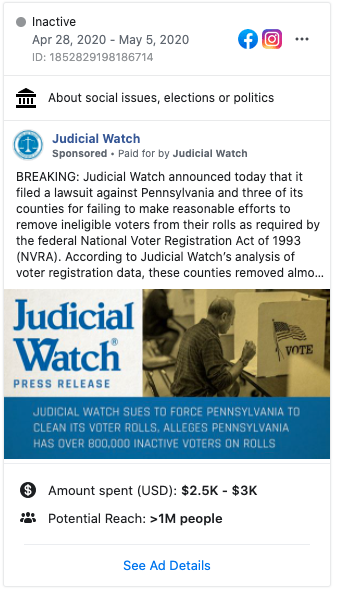 Image of Judicial Watch's Facebook ad from 20200428