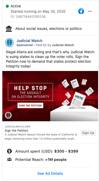 Image of Judicial Watch's Facebook ad from 20200520