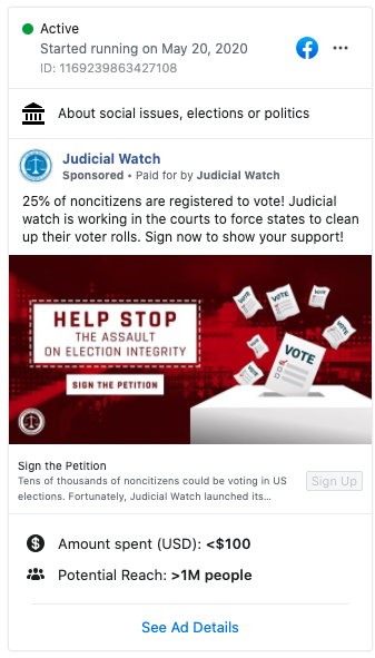 Image of Judicial Watch's Facebook ad from 20200520