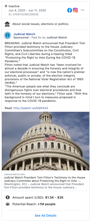 Image of Judicial Watch's Facebook ad from 20200604
