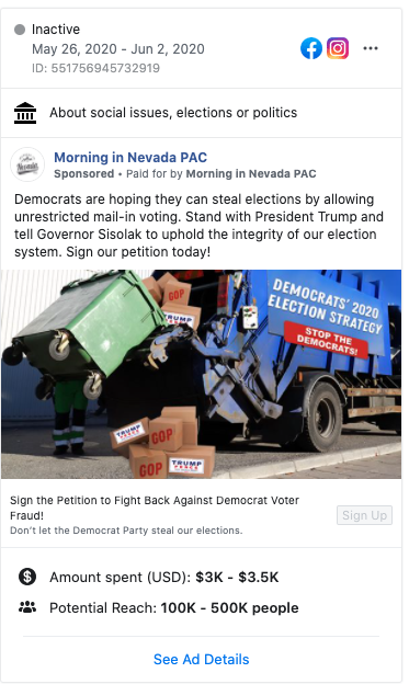Image of Morning in Nevada PAC's Facebook ad from 20200526