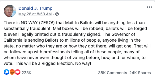 Image of Trump's post from 20200526 about mail-in voting