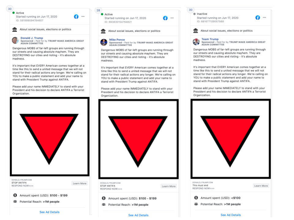 Facebook ads run by Trump campaign Facebook pages showing a Nazi symbol