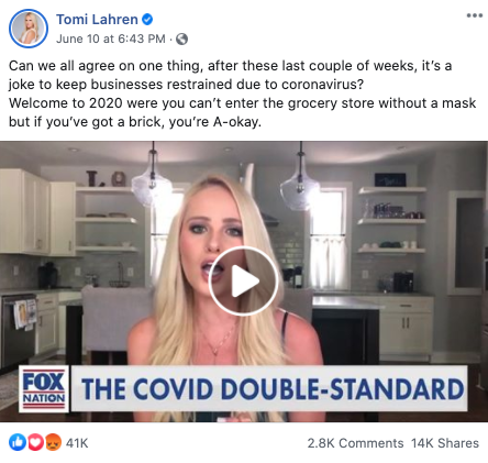 Tomi Lahren's Facebook post on June 10, 2020