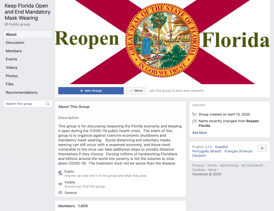 Keep Florida Open and End Mandatory Mask Wearing Facebook group screenshot