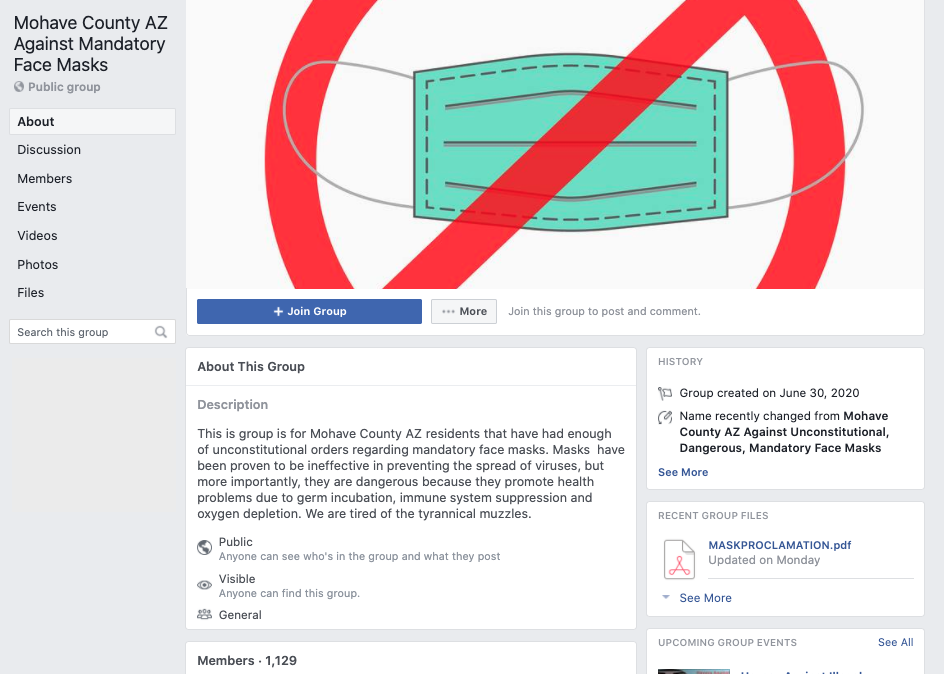 Mohave County AZ Against Mandatory Face Masks Facebook group screenshot