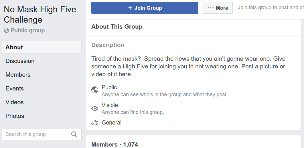 No Mask High Five Challenge Facebook page description screenshot