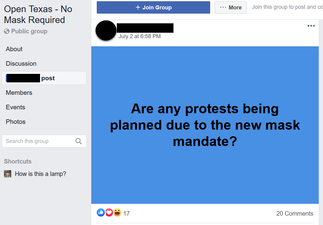 Open Texas - No Mask Required Facebook post screenshot 1